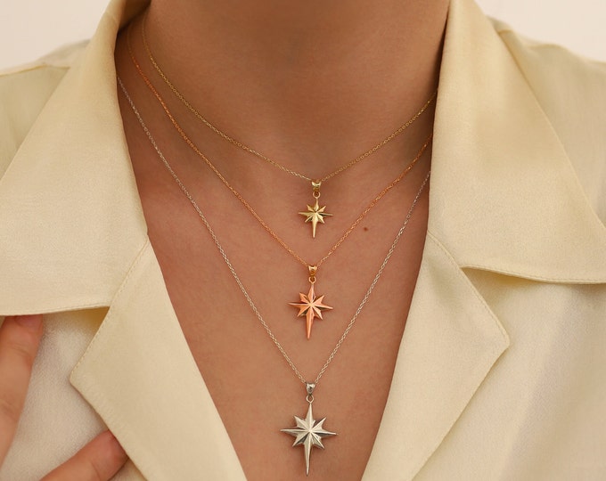 Loadstar Necklace 14k Gold | 3D North Star Pendant Necklace, Shiny Pole Star Pendant, Polar Star & Celestial Jewelry, Birthday Gift for Her