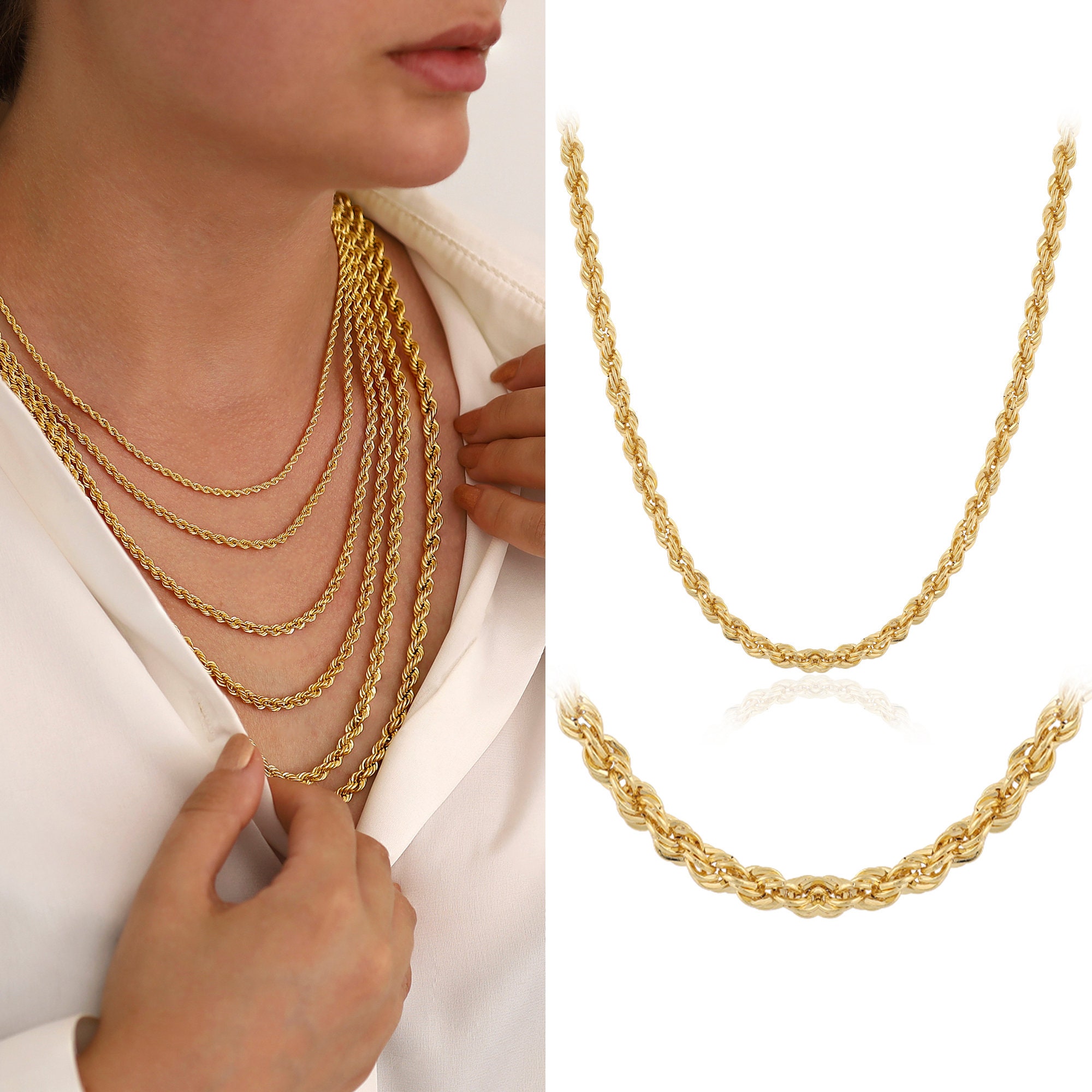 14k Gold 4mm Vintage Look Rope Chain Necklace | Retro 14k Gold 4mm Vintage Look Rope Chain Necklace | Retro