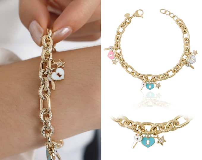 14K Gold Key And Lock Charm Chain Bracelet | Star Bracelet, Key Charm Jewelry, Pink Padlock Charm, Great Gift For Valentine, Gift For Her