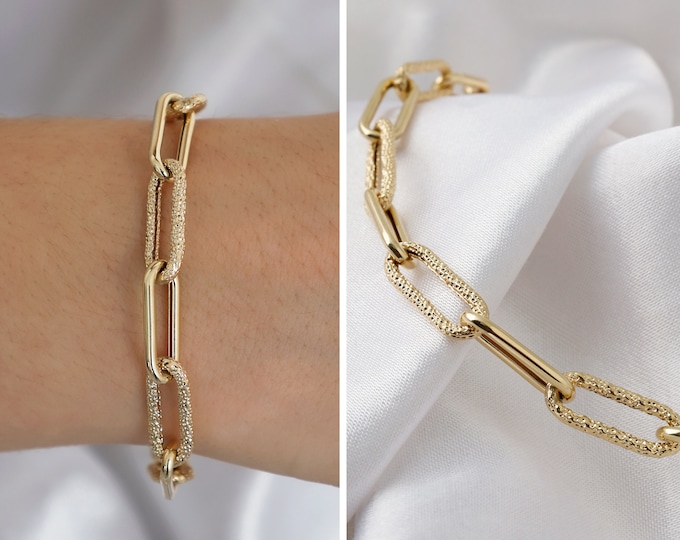 14k Gold Hammered Paperclip Chain Bracelet | Rectangular Oval Link Chain Bracelet, Textured Paperclip Chain, Versatile Jewelry, Gift for Her