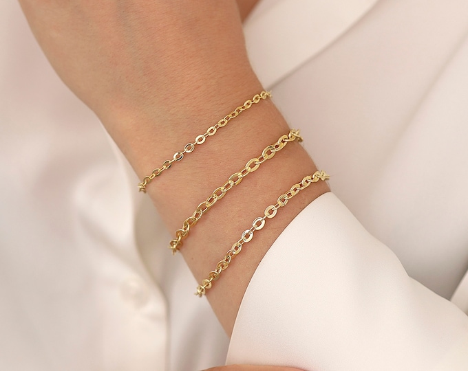14k Gold 3mm Flat Oval Cable Chain Bracelet | Shiny Cable Chain, Classy Chain Bracelet, Elegant Jewelry, Anniversary Gift, Gift for Women