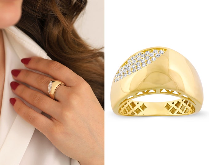 14k Gold Chunky Curved Dome Ring | Thick Fore Finger Ring, Sparkled Statement Ring, Flashy Jewelry, Mom Gift, Engagement Gift, Gift for Her