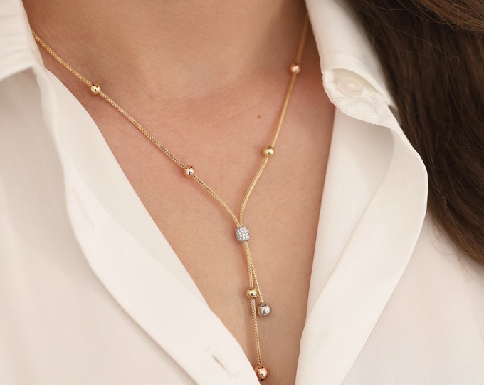 14K Gold Franco Mesh Chain with Gold Beaded Necklace | Italian Tube Chain Lariat Necklace, Thin Dangle Y Necklace, Graduation Gift for Her