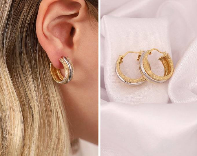 14K Gold Two Color Hoop Earrings | Chic Handmade Jewelry, Dainty Earrings, Shiny Design, Elegant Jewelry, Birthday Gift, Gift For Her