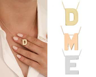 14k Gold Initial Letter Necklace | Dimensional Alphabet Pendant, Birthday Gift