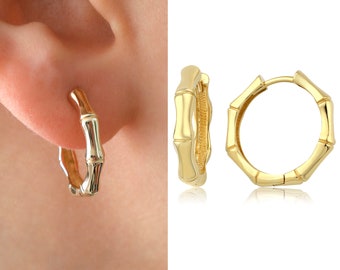 14k Gold Huggie Circle Earrings | Minimalist Bamboo Hoop Earrings, Bone Pattern, Handmade Earrings, Valentine's Day Gift, Gift for Her