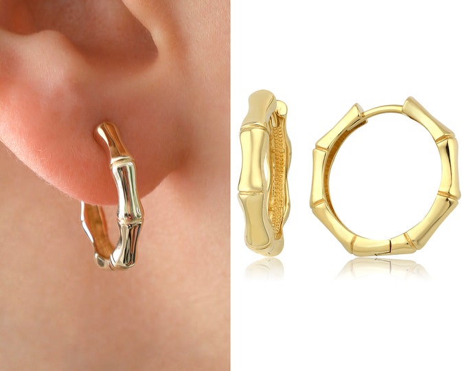 14k Gold Huggie Circle Earrings | Minimalist Bamboo Hoop Earrings, Bone Pattern, Handmade Earrings, Valentine's Day Gift, Gift for Her