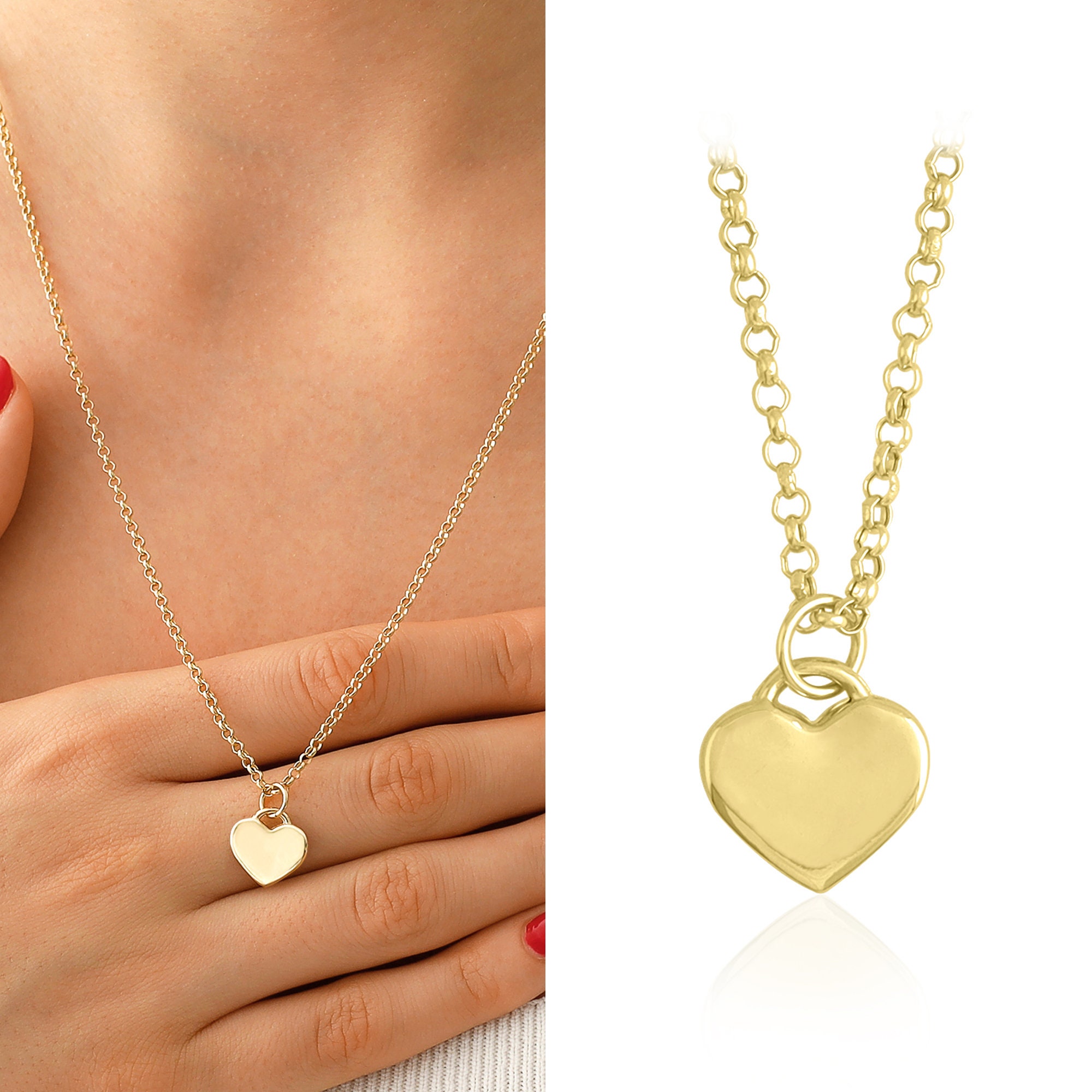 Heart Charm Sailor Lock Herringbone Chain Necklace 14k Gold 