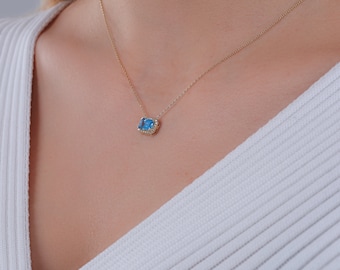 14k Gold Aquamarine Necklace | Light Blue Baguette Cut March Birthstone Jewelry