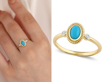 14k Gold Turquoise Statement Ring, Three Stone Oval Ring, Notched Aqua Blue Oval Ring, Natural Stone Jewelry, Anniversary Gift, Gift for Her