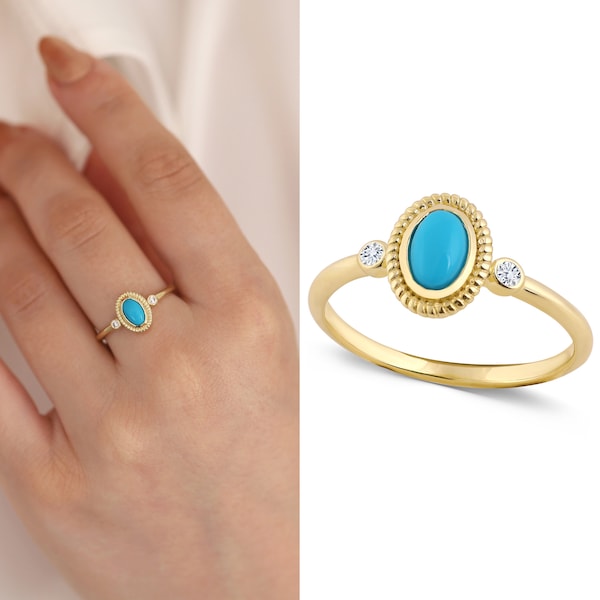 14k Gold Turquoise Statement Ring, Three Stone Oval Ring, Notched Aqua Blue Oval Ring, Natural Stone Jewelry, Anniversary Gift, Gift for Her