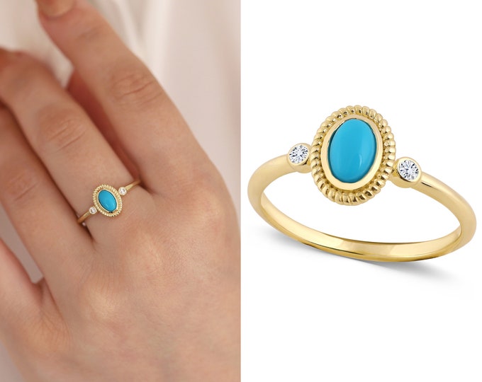 14k Gold Turquoise Statement Ring, Three Stone Oval Ring, Notched Aqua Blue Oval Ring, Natural Stone Jewelry, Anniversary Gift, Gift for Her