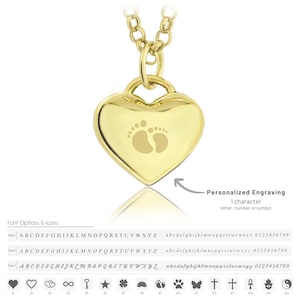 May include: Gold heart-shaped pendant necklace with a baby footprint design. The pendant has a personalized engraving option for one character, such as a letter, number, or symbol. Font options and icons are shown below the pendant.