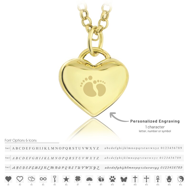 May include: Gold heart-shaped pendant necklace with a baby footprint design. The pendant has a personalized engraving option for one character, such as a letter, number, or symbol. Font options and icons are shown below the pendant.