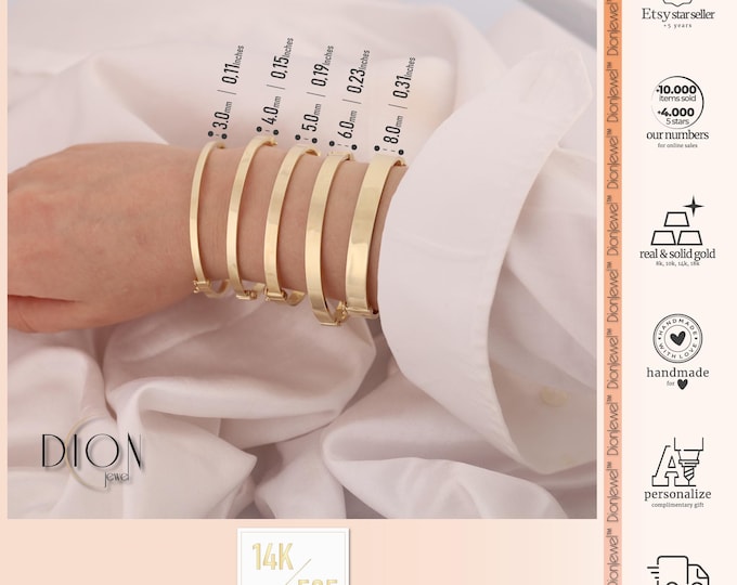 14k Gold Oval Engraved Bangle | Stackable Hinged Cuff Bracelet