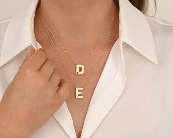 Gold Initial Letter and Birthstone Necklace | 14k / 8k Alphabet Necklace, Personalized Pendant, Zodiac Month Jewelry, Birthday Gift for Her