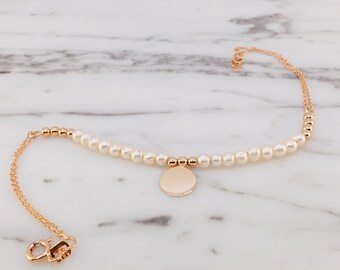 14k Gold Real AAA Pearl Beaded Bracelet  | White Pearl Bracelet with Gold Coin at Center | Freshwater Pearl Bracelet | Valentine's Day Gift