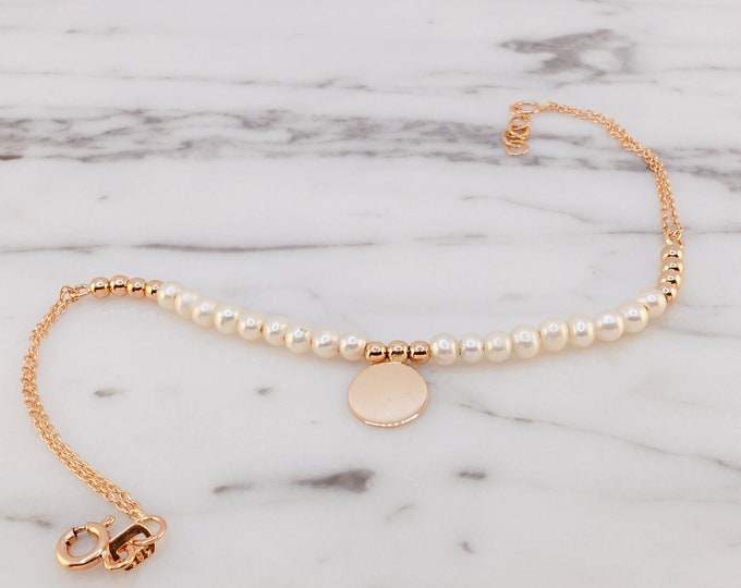 14k Gold Real AAA Pearl Beaded Bracelet  | White Pearl Bracelet with Gold Coin at Center | Freshwater Pearl Bracelet | Valentine's Day Gift