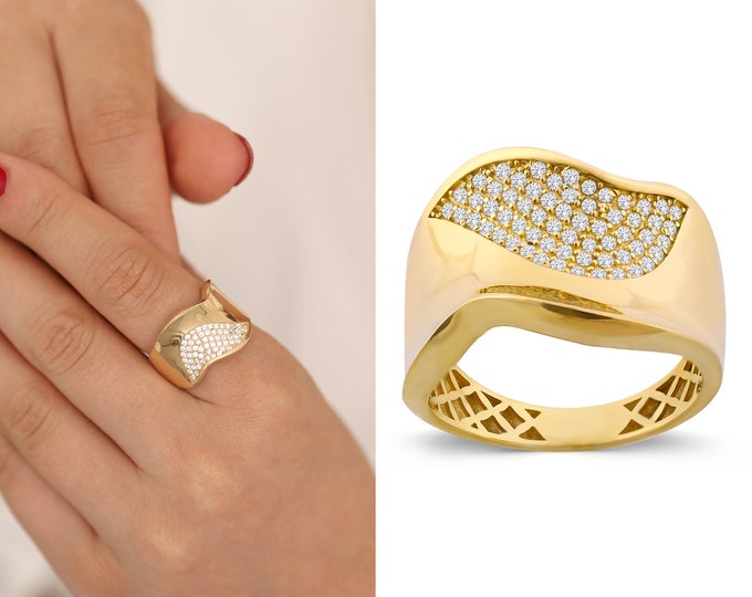 14k Gold Inclined Fore Finger Ring | Bold Asymmetrical Ring, Skewed Statement Ring, Chic Jewelry, Valentines Day Gift, Birthday Gift for Her