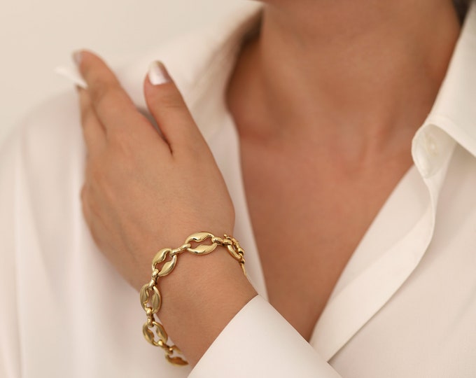 14k Gold Coffee Bean Chain Bracelet w/ Sailor Lock | Pig Nose Gold Chunky Bracelet | Thick Sequin Link, Bold Chunky Chain | Gift for Her