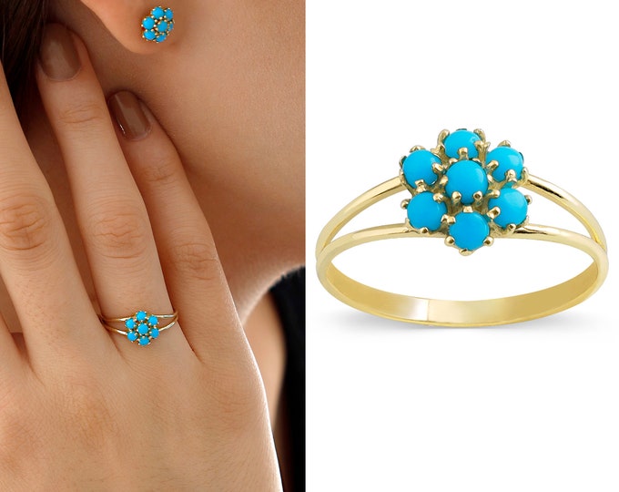14k Gold Turquoise Hexagon Flower Ring | Handmade Jewelry Set, December Birthstone, Healing Gemstone, Firoza Jewelry, Birthday Gift for Her
