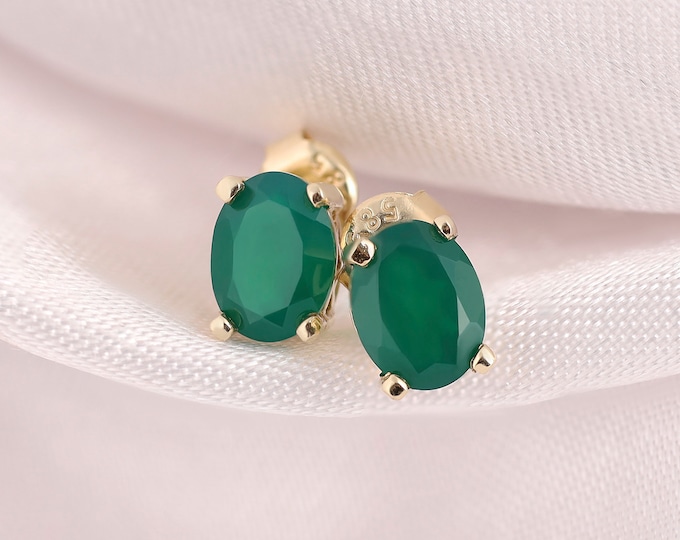 14K Gold Emerald Stud Earrings | Love And Prosperity Jewelry, Represent Harmony, Deep Green Gemstone, Gemini Birthstone, Birthday Gift