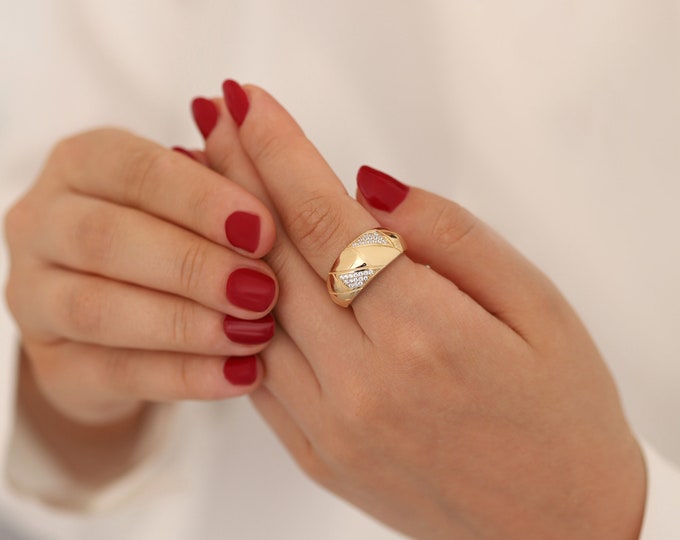14k Gold Stripe Bold Ring | Textured Fore Finger Ring, Chunky Wide Ring, Chic Statement Jewelry, Anniversary Gift, Mom Gift, Gift for Her