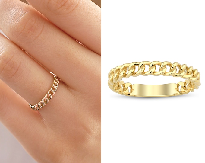 14k Gold Chain Ring | Engravable Band Rings, Personalized Stackable Eternity Dome Rings, Valentines Day Gift, Birthday Gift, Gift for Her