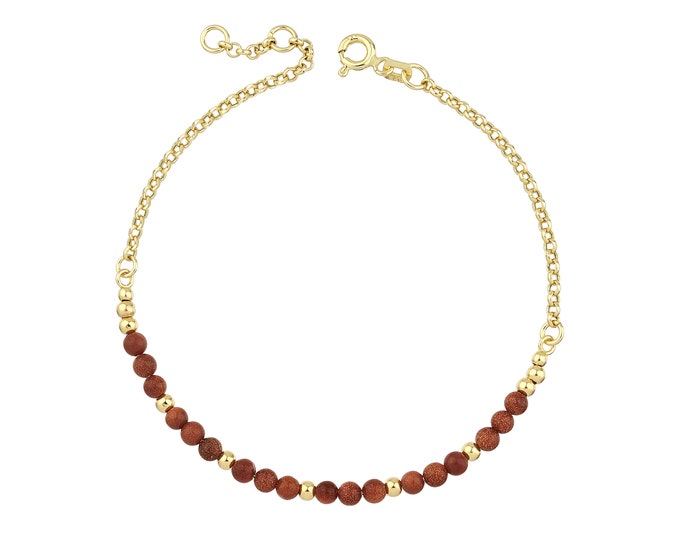 Brown Star Stone Beaded 14k Gold Bracelet | Celestial, Positive Energy, Tremendous Rolo Link Bracelet, November Birthstone | Summer Jewelry