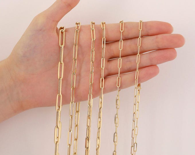 14k gold elongated paperclip necklace | 3mm to 6mm paperclip chain necklace, ractangle link layering necklace, chic jewelry, gift for her
