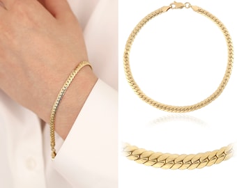 14k Gold 4mm Herringbone Chain Bracelet | CIassic Italian Snake Chain, Layering Bracelet, Lobster Clasp, Glamorous Jewelry, Gift for Her
