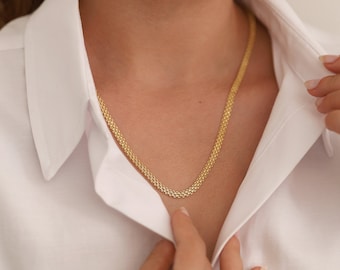 14k Gold Knit Mesh Chain Necklace | Flat Herringbone Style Elegant Collar Chain