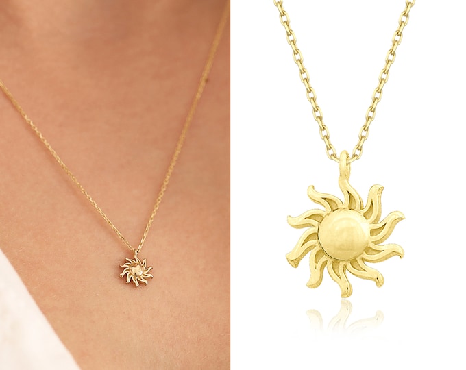 14k Gold Minimal Sun Necklace | Sun Charm, Sun Pendant, Christmas Gift, Holiday Jewelry, Aztec, Ra Symbol Birthday Gift | Gift for Her