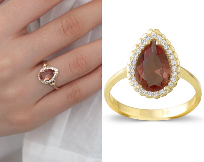 14K Gold Diaspore Teardrop Ring | Turkish Diaspore Stone Drop Ring, Zodiac Ring, Turkish Gemstone, Pisces Birthstone Jewelry, Gift for Her