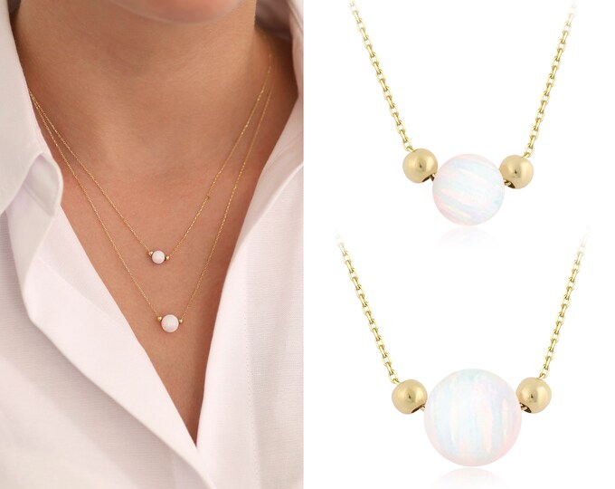 White Opal Round Necklace 14K Gold  |  Blue & Pink Opal, October Birthstone, Libra Zodiac Jewelry, Elegant Venus Jewelry, Gift for Daughter