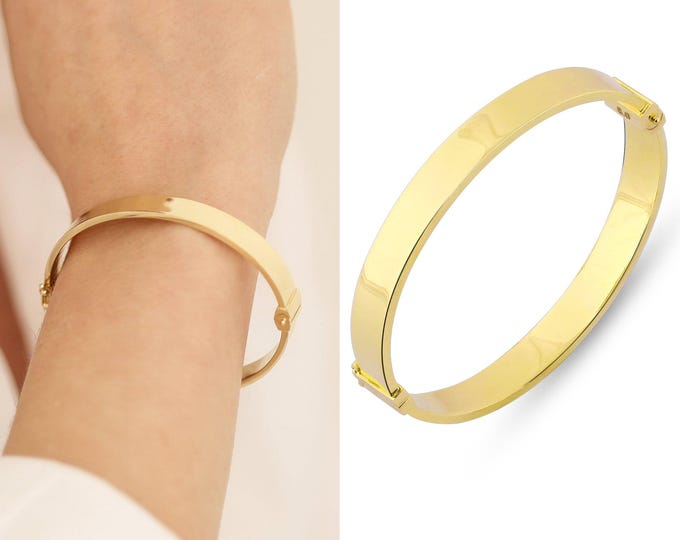 14k gold oval cuff bangle | 8mm hinged bracelet, plain bangle, stackable jewelry, engraved bracelet, sturdy bangle, mother's day gift