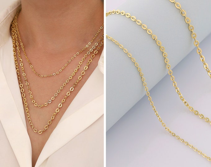 14k Gold 3mm Flat Oval Cable Chain Necklace | Shiny Cable Chain, Elegant Chain Necklace, Classy Jewelry, Anniversary Gift, Gift for Women