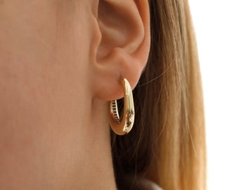 14k Gold Oval Rectangle Hoop Earrings | Minimalist Chunky Geometric Huggie Jewelry