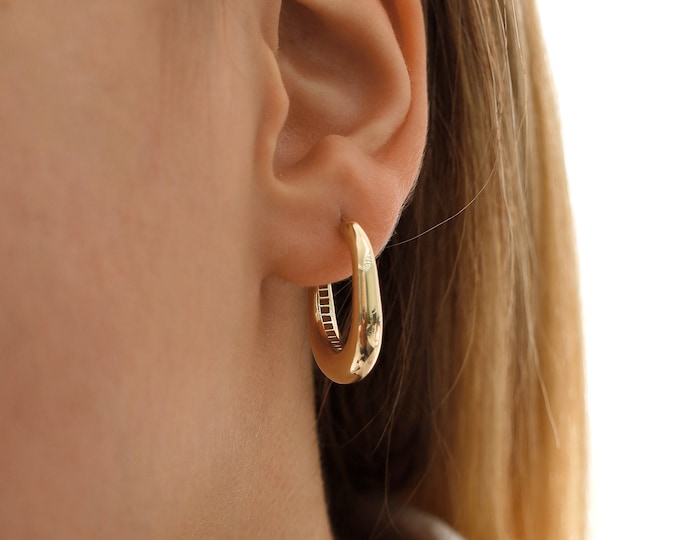 14k Gold Oval Rectangle Hoop Earrings | Minimalist Chunky Geometric Huggie Jewelry