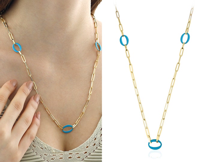 14k Gold Paperclip Necklace w/Aqua Blue Color Oval Large Links | Chunky Layering Pendant, Bold Fancy Necklace, Long Link Chain, Gift for Her