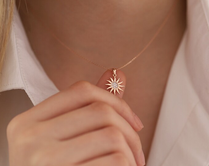 14K Gold Pave Sun Pendant Necklace | Dainty Jewelry, Sunshine Necklace, Celestial Jewelry, Sunbeam Necklace, Celestial Jewelry, Gift For Mom