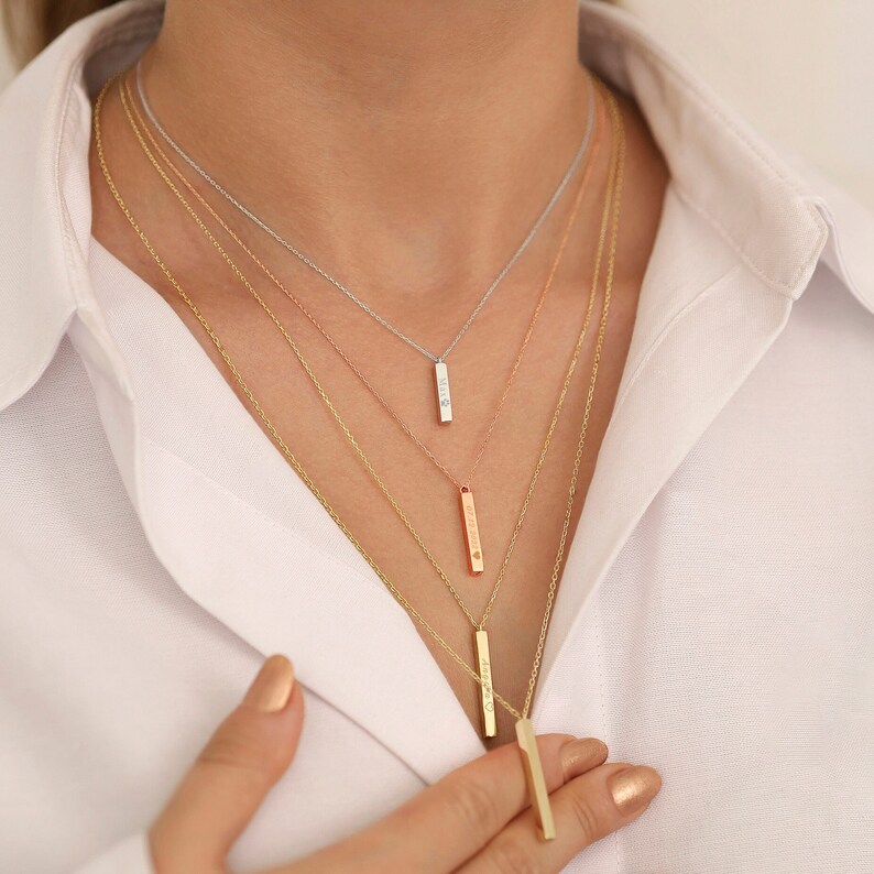 14k Gold Bar Urn Necklace Cremation Ash Holder Necklace, 3D Vertical Bar Engraved Urn Necklace, Keepsake Pendant for Human Ash & Pet Hair image 1