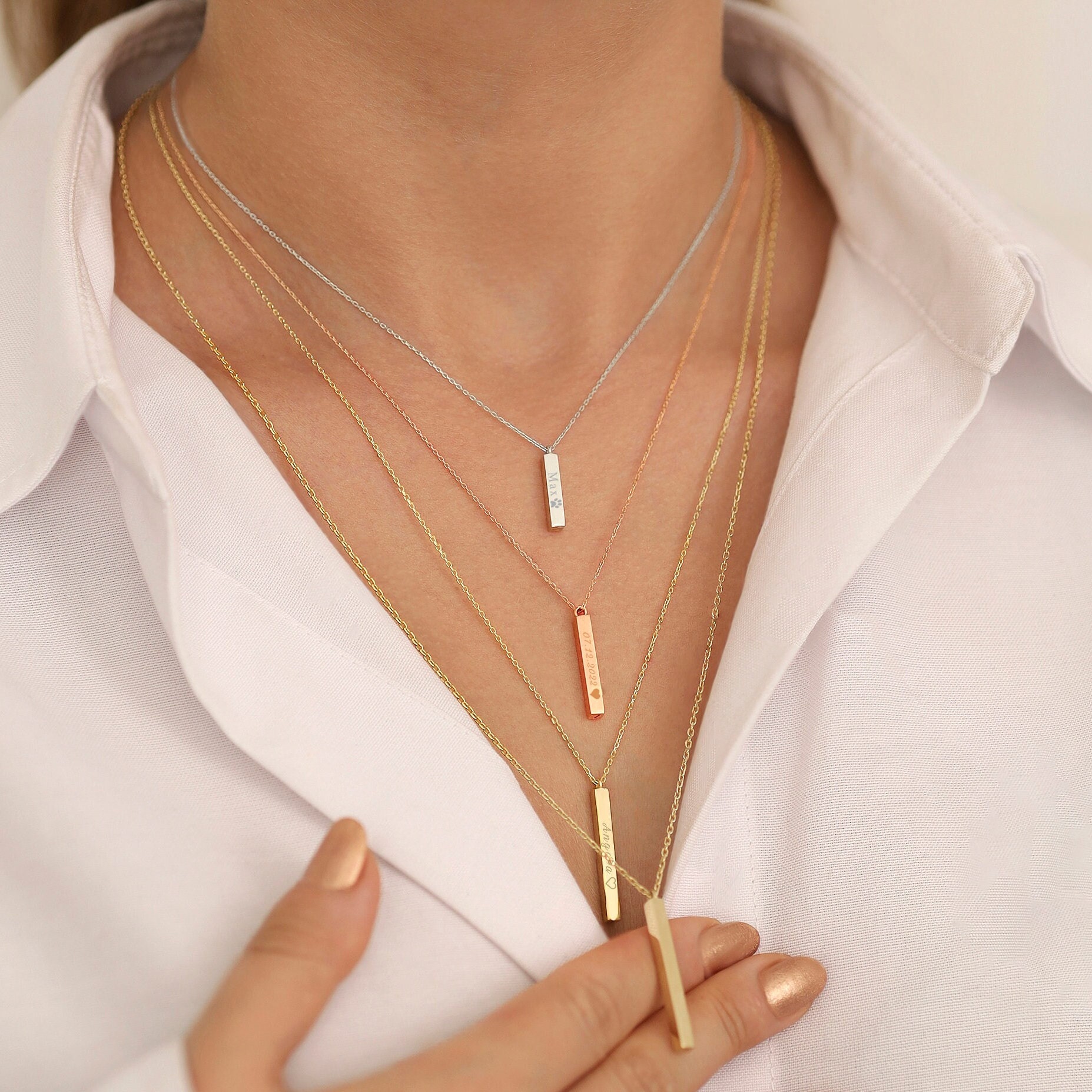 2pcs Women's Simple & Fashionable Stainless Steel Gold Chain Vertical Bar  Pendant Necklace