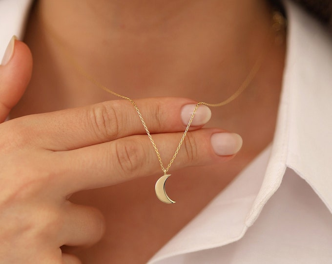 3D Crescent Moon Necklace | 10k / 14k Gold Moon Pendant, Dainty Moon Necklace, Layering Necklace, Celestial Jewelry, Gift for Girlfriend