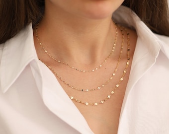 14k Gold Sequin Mirror Chain Necklace | Dainty Sparkle Boomerang Link Jewelry