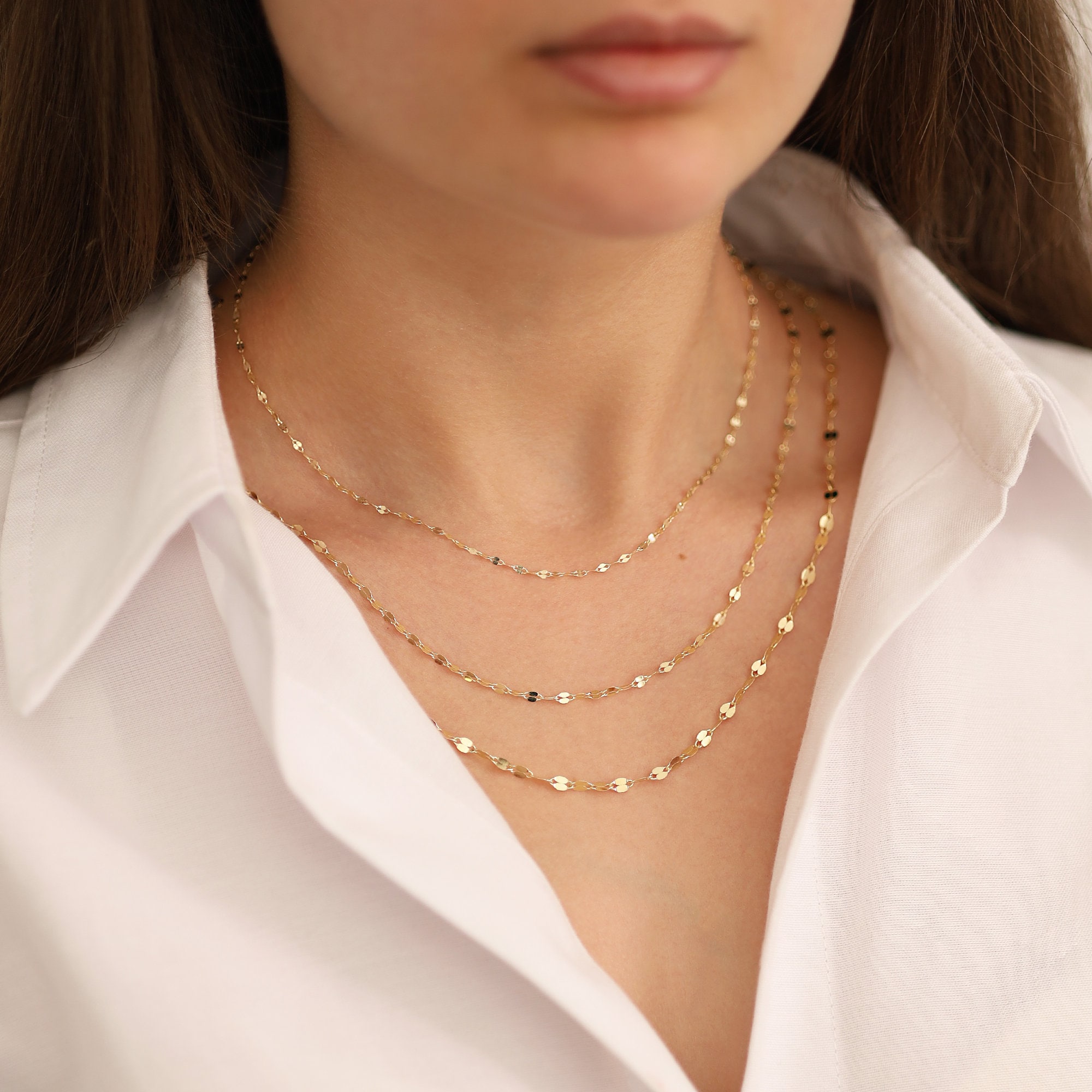 Sequin Mirror Chain Necklace | 14k Gold Boomerang Chain Sequin Mirror Chain Necklace | 14k Gold Boomerang Chain