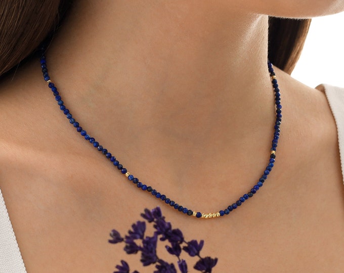 Lapis Lazuli Beaded Necklace | 14k Gold Deep Blue Lapis Stone Necklace, Zodiac Gemstone for Success, Capricorn Birthstone, Gift For Her