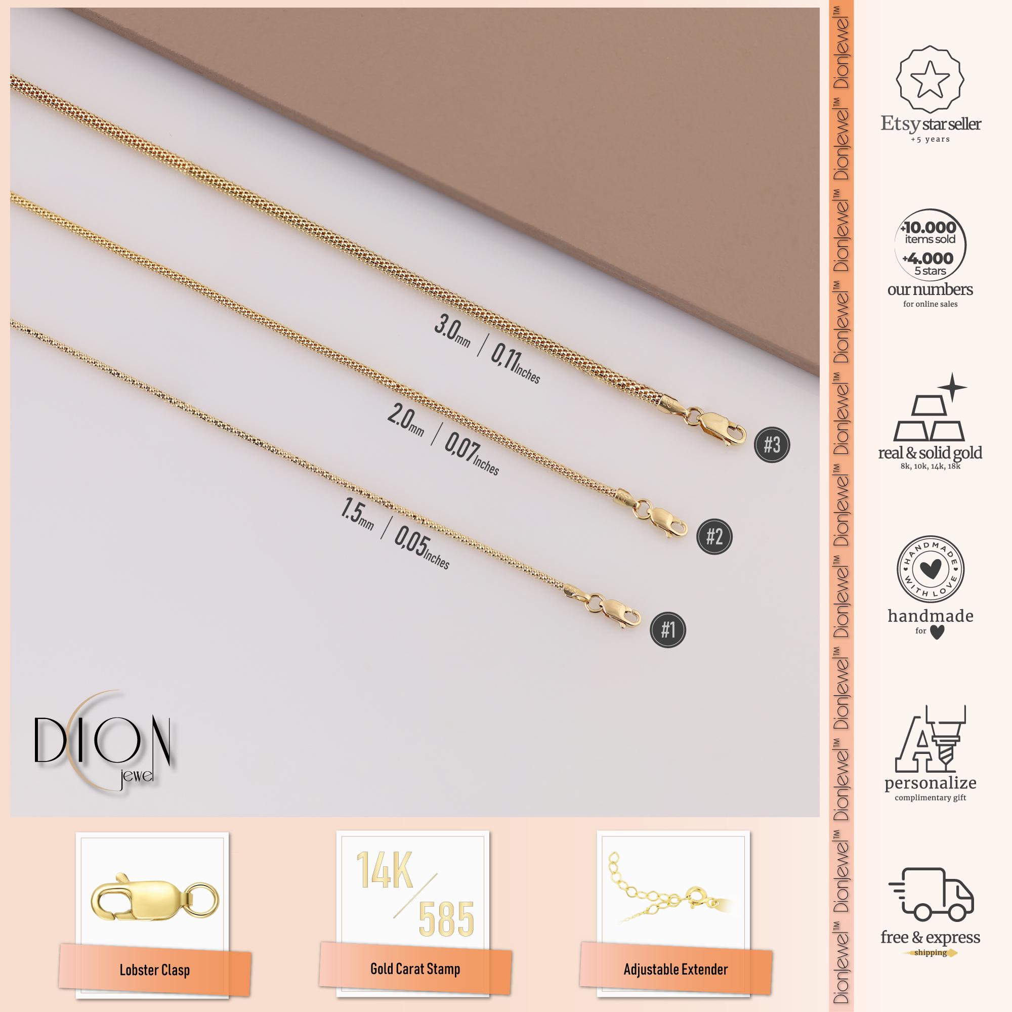 Real 14K Yellow Gold Popcorn Chain Necklace – 1.3mm To 22 Adjustable, Coreana Style, No Stone, Female