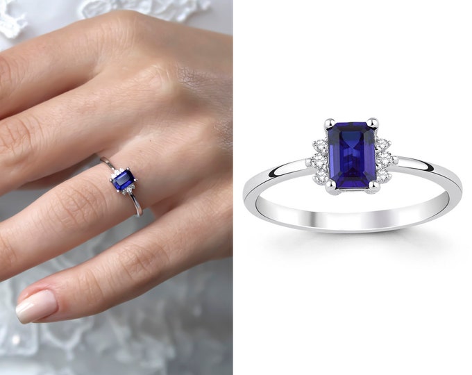 Sapphire Proposal Ring | 14k Gold 4 Prong Setting Emerald Cut Blue Gemstone Jewelry Wedding Ring w/ Cluster Diamond Side | Gift for Her