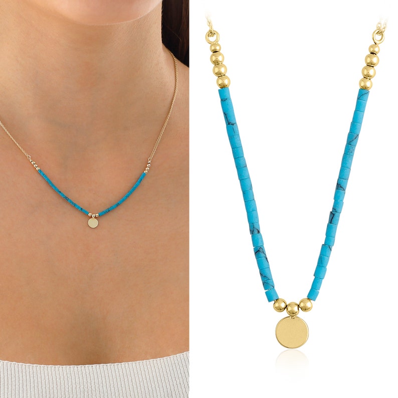 May include: A turquoise and gold necklace with a round pendant. The necklace is made of small turquoise beads and gold beads. The pendant is a large, round, gold disc.